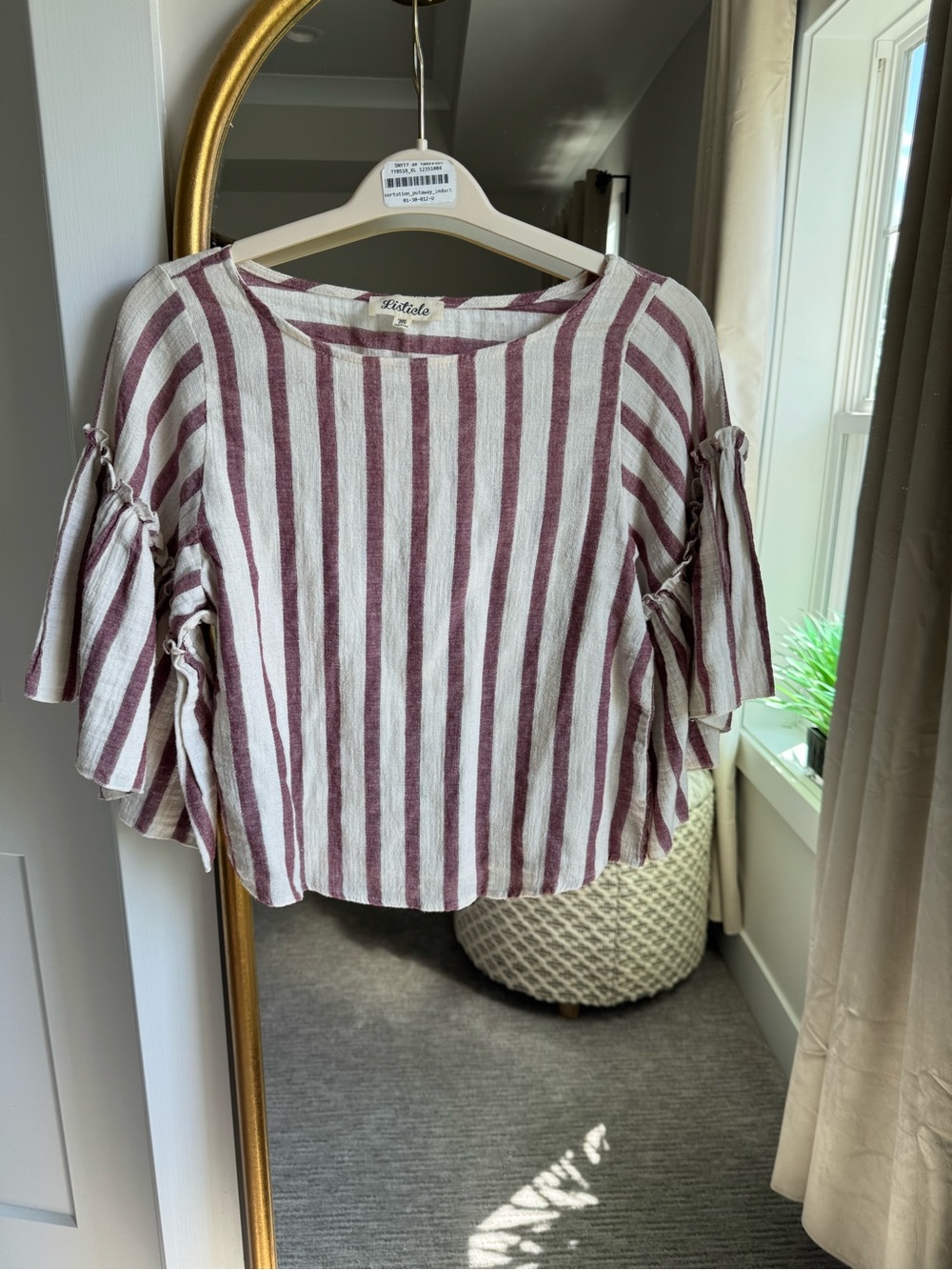Listicle Burgundy & Cream Striped Ruffle Sleeve Top